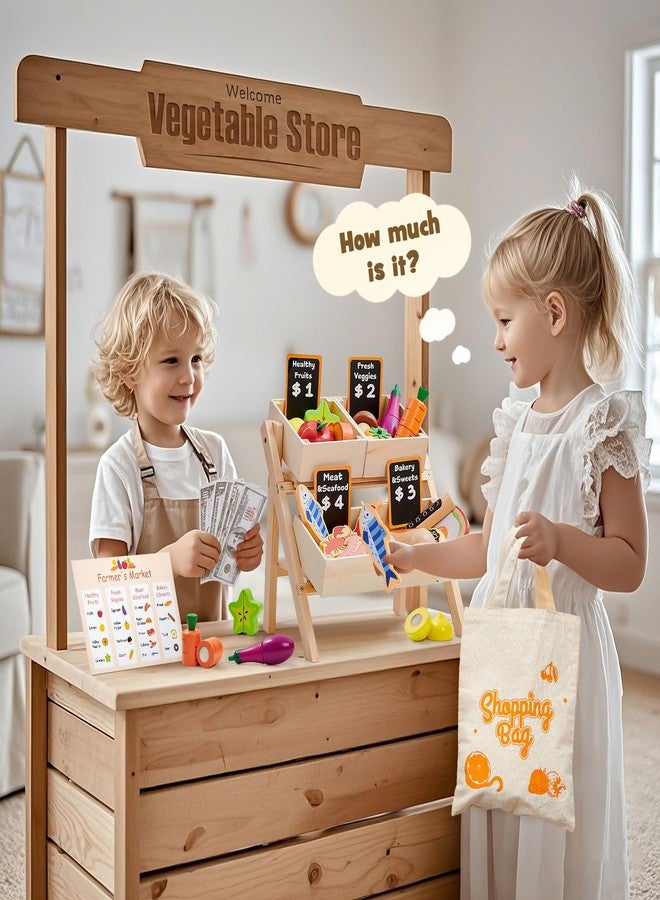 Toyssa 40+ Pcs Wooden Play Food Set with Grocery Store Shelf & Cutting Toys, Pretend Play Kitchen Accessories for Toddlers Kids, Educational Farmers Market Role Play Gifts for Girls Boys 3-7 Years - Image 4